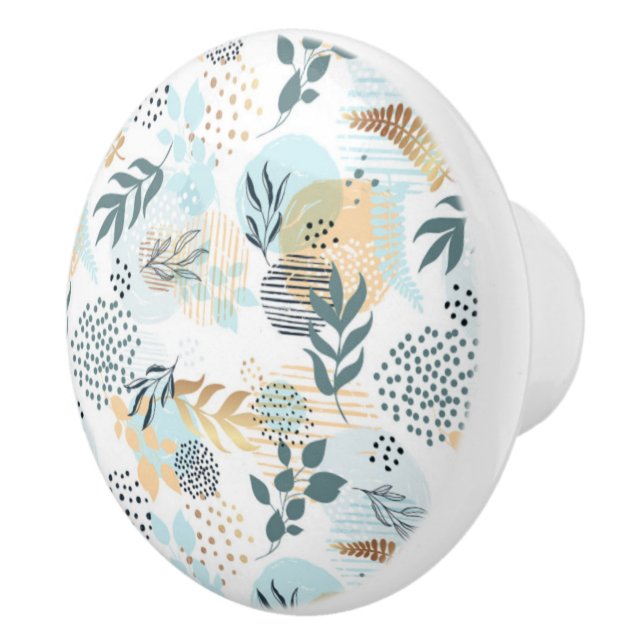 White blue gold botanical foliage pattern ceramic knob (Right)