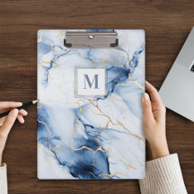 White Blue Gold Marble Monogram Initial Clipboard
