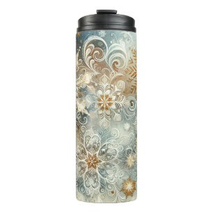 WHITE BLUE GOLD SILVER ABSTRACT WINTER SNOWFLAKES THERMAL TUMBLER