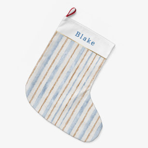 White Blue Gold Stripes Christmas Large Christmas Stocking