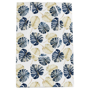 White Blue Gold Tropical Leaves Medium Gift Bag