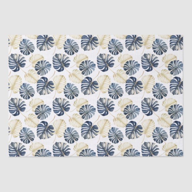 White Blue Gold Tropical Leaves Tissue Paper (Front)