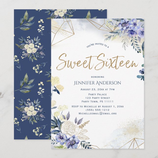 White Blue Gold Watercolor Floral Sweet 16 Invitation (Front/Back)