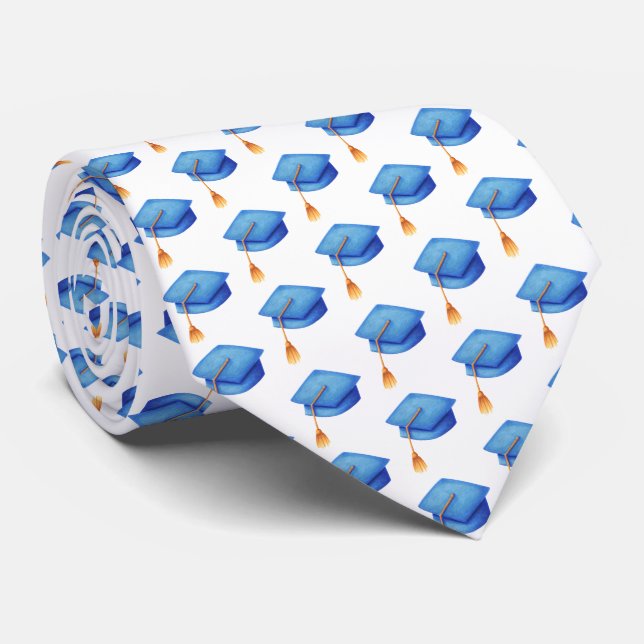 White Blue Graduation Cap Patterned Graduate Tie (Rolled)