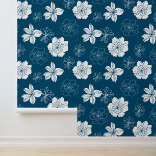 White & Blue Graphic Floral Pattern Wallpaper