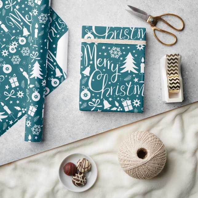 White Blue-Green Christmas Theme Pattern Wrapping Paper (Crafts)