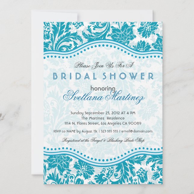 White & Blue-Green Floral Dam Bridal Shower Invite (Front)