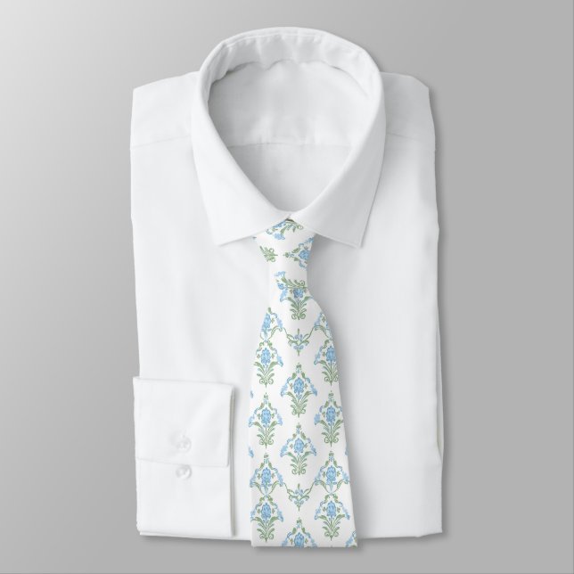 White blue green pattern neck tie (Tied)