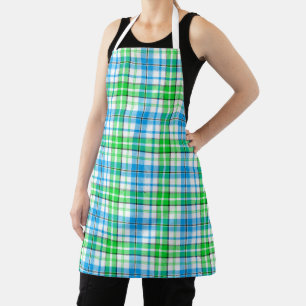 White Blue Green Plaid Tartan Design Apron