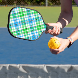 White Blue Green Plaid Tartan Design  Pickleball Paddle