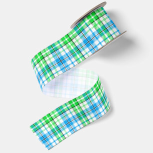White Blue Green Plaid Tartan Design Satin Ribbon