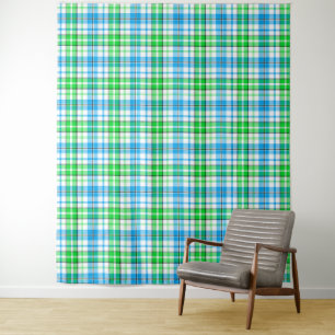 White Blue Green Plaid Tartan Design Tapestry