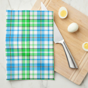 White Blue Green Plaid Tartan Design Tea Towel