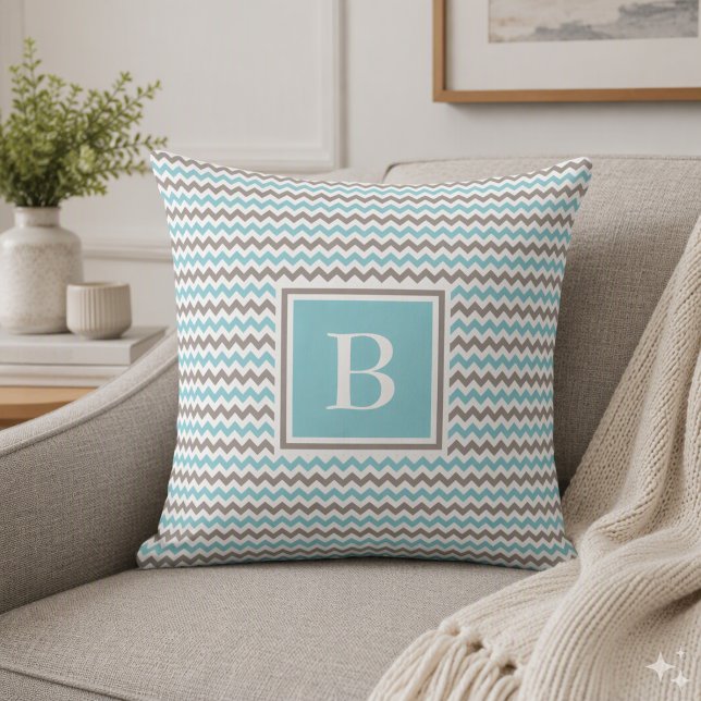 White Blue Grey Chevron Monogram Pillow (Creator Uploaded)