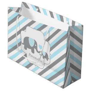 White, Blue & Grey Stripe Elephants Baby Shower Large Gift Bag
