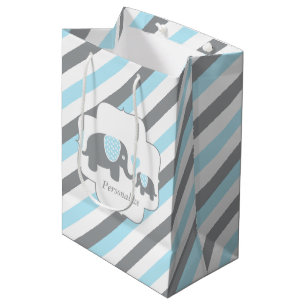 White, Blue & Grey Stripe Elephants Baby Shower Medium Gift Bag