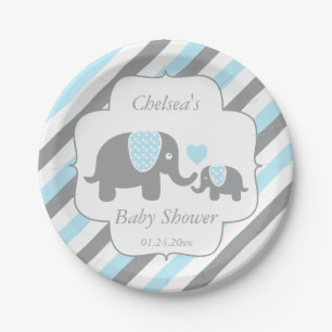 White, Blue & Grey Stripe Elephants Baby Shower Paper Plate
