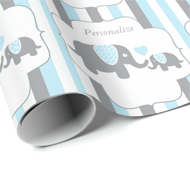 White, Blue & Grey Stripe Elephants Baby Shower Wrapping Paper (Roll Corner)