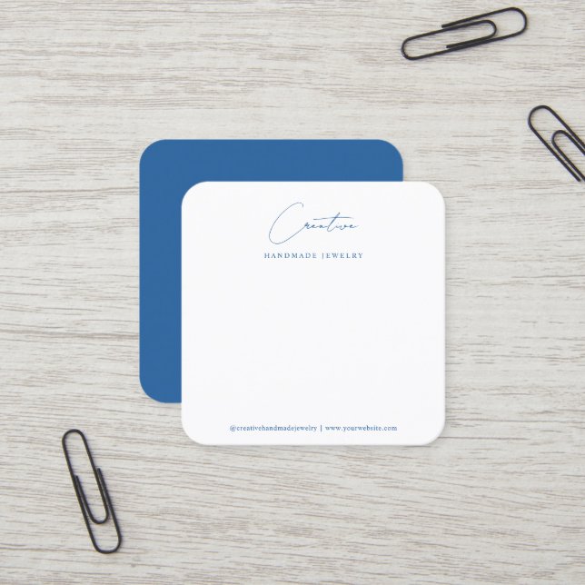 White & Blue Handwritten Script Jewellery Display Square Business Card (Front/Back In Situ)