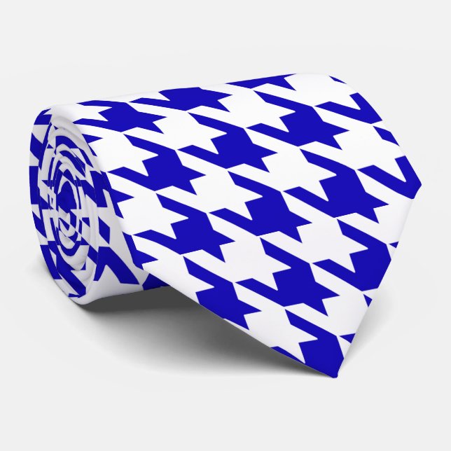 White Blue Large Houndstooth Check Tie (Rolled)