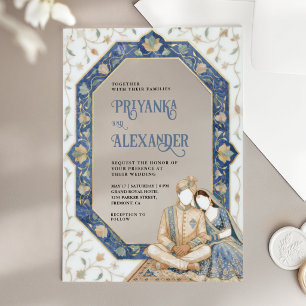 White Blue Marble Inlay Indian Couple Wedding Acrylic Invitations