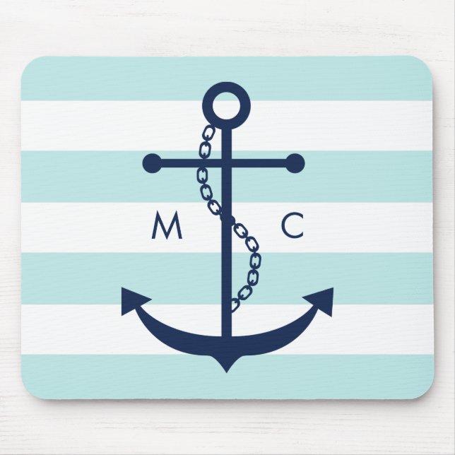 White Blue Mint Monogram Stripes Anchor Mouse Pad (Front)