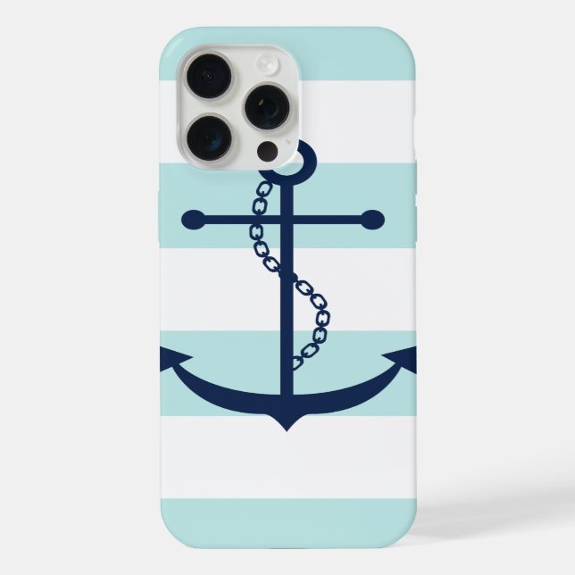 White Blue Mint Stripes Pattern Anchor iPhone Case (Back)