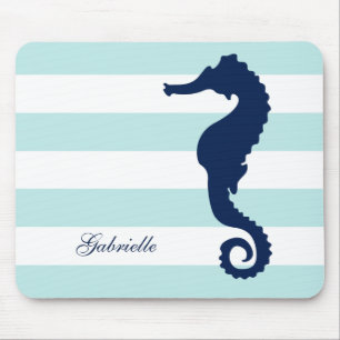 White Blue Mint Stripes Seahorse Mouse Pad