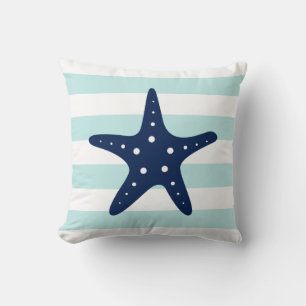 White Blue & Mint Wide Stripes Pattern Starfish Cushion