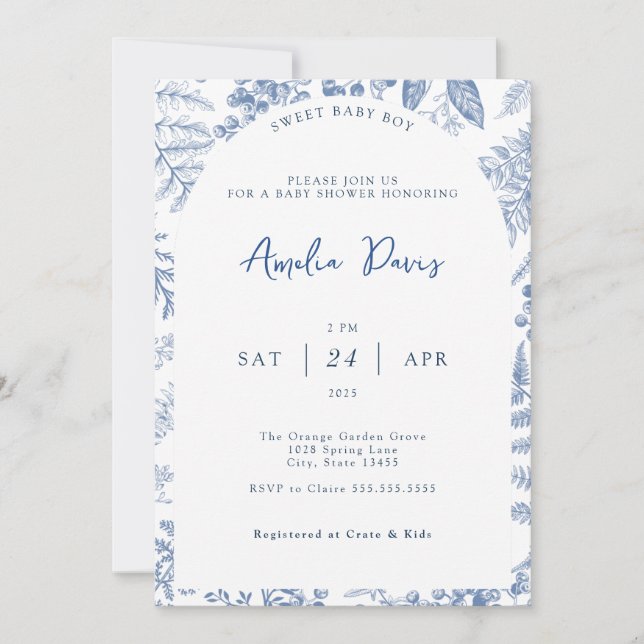 White Blue Modern Classic Floral Baby Boy Shower Invitation (Front)