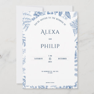 White Blue Modern Classic Floral Wedding Invitation