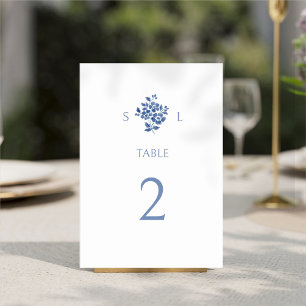 White + Blue Modern Floral Wedding  Table Number
