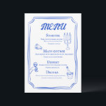 White & Blue Modern Whimsical Wedding Menu<br><div class="desc">Add charm and elegance to your reception with this White and Blue Modern Whimsical Wedding Menu. Featuring light, airy design elements with playful script and minimal typography, this menu blends sophistication with soft romantic flair—perfect for whimsical or coastal-inspired weddings. Whether your event is formal or relaxed, this piece brings a...</div>