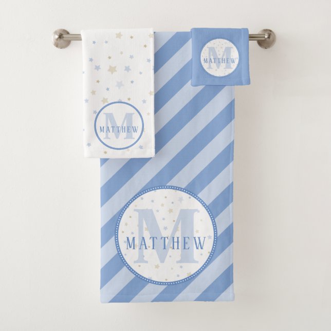 White & Blue Monogram Newborn Baby Bath Towel Set (Insitu)
