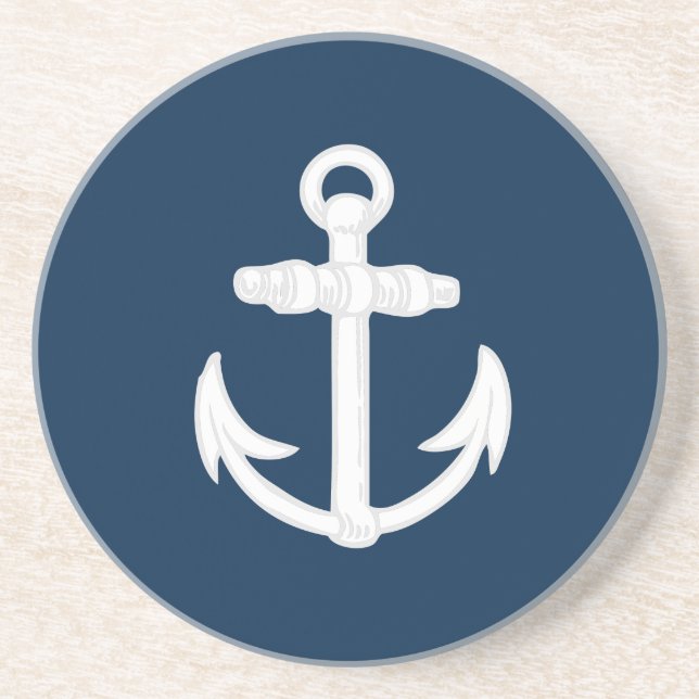 White/Blue Nautical Anchor Symbol Coaster (Front)