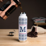 White Blue Octagon Geometric Pattern Monogram Water Bottle<br><div class="desc">This preppy monogram white navy geometric water bottle is perfect for a teacher,  friend,  or yourself! You can personalise it with an initial. This white navy octagon pattern can be found on other items in my store,  PageCreativeDesigns.</div>