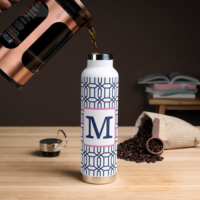 White Blue Octagon Geometric Pattern Monogram Water Bottle (Coffee)