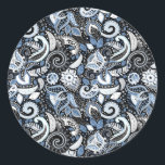 White & Blue Paisley Print Elegant Birthday Party Classic Round Sticker<br><div class="desc">Matching items available.</div>
