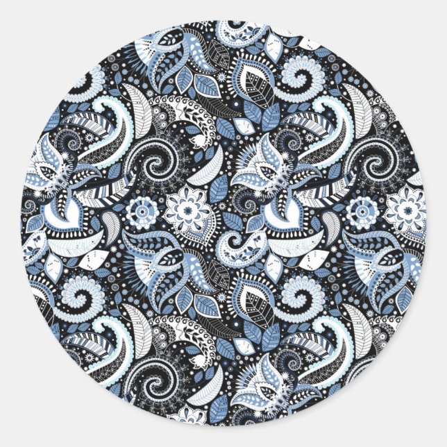 White & Blue Paisley Print Elegant Birthday Party Classic Round Sticker (Front)