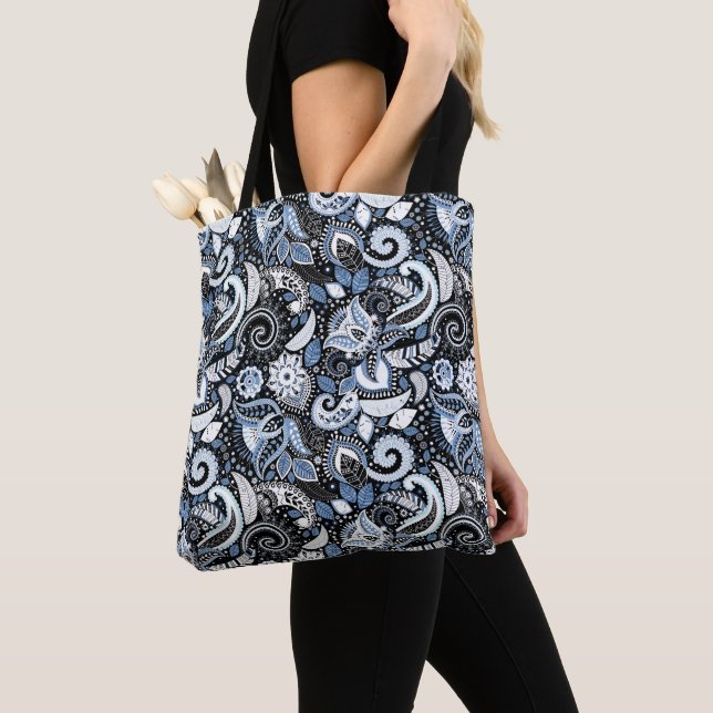 White & Blue Paisley Print Pattern Tote Bag (Close Up)