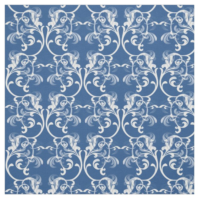 White Blue Parisian Damask Pattern Fabric (Swatch)