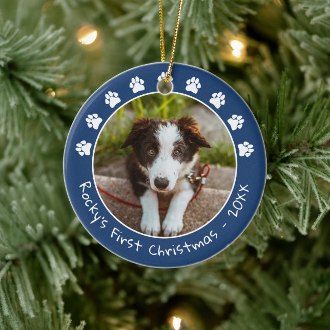 White Blue Paw Prints Pet's First Christmas Photo Ceramic Tree Decoration (Tree)