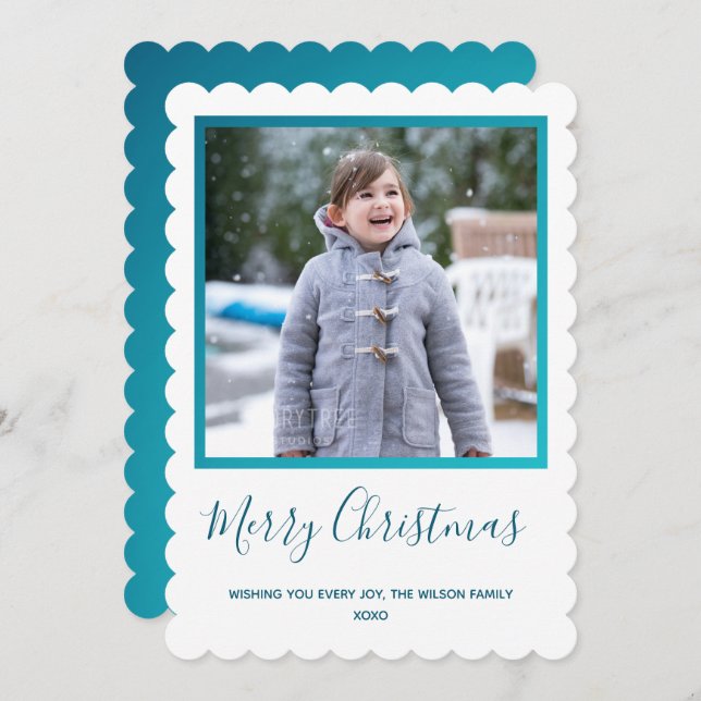 White Blue Photo Christmas Holiday Card (Front/Back)