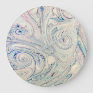 White Blue Pink Modern Abstract Fluid Marbling Art Large Clock