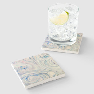 White Blue Pink Modern Abstract Fluid Marbling Art Stone Coaster