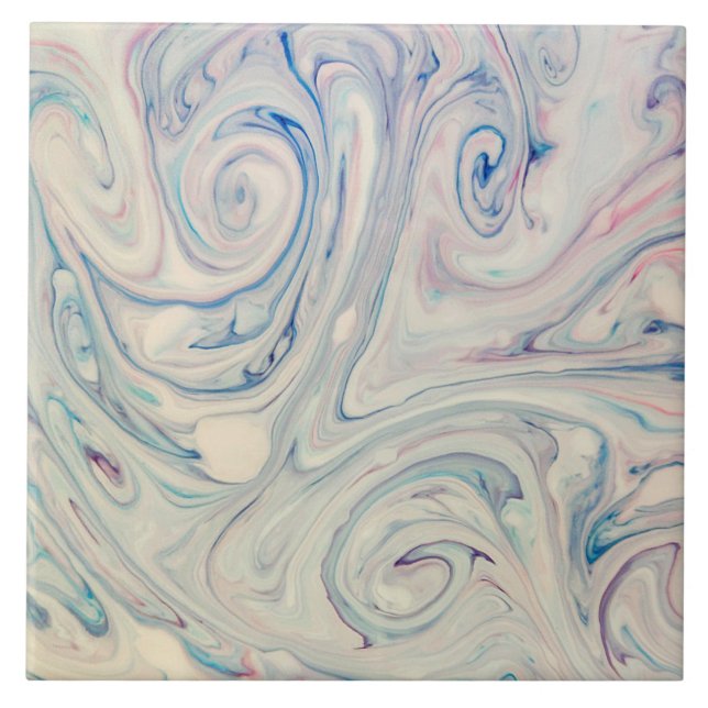 White Blue Pink Modern Abstract Fluid Marbling Art Tile (Front)