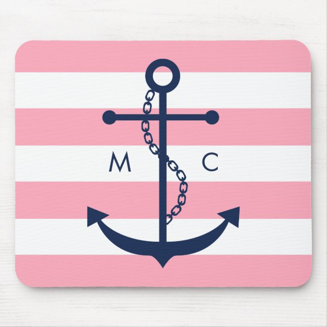 White Blue Pink Monogram Stripes Anchor Mouse Pad (Front)