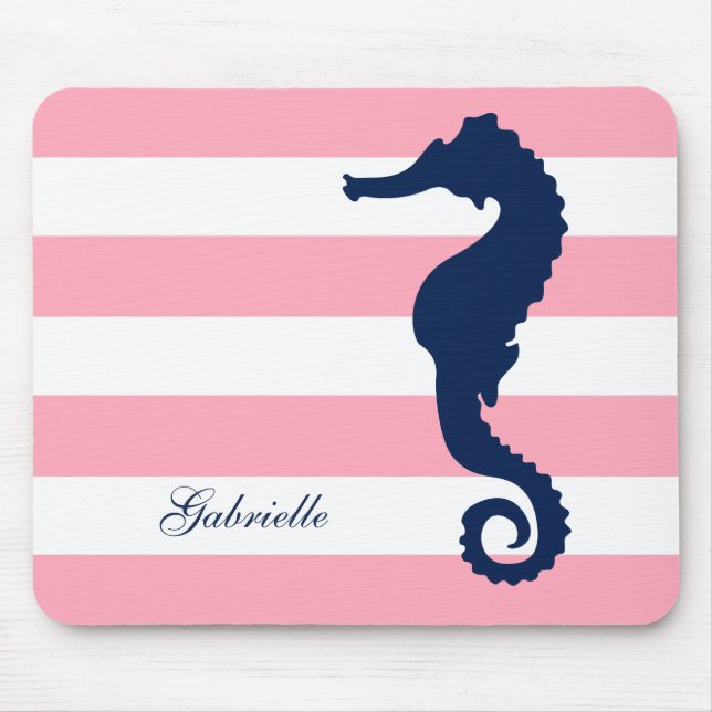White Blue Pink Stripes Seahorse Mouse Pad (Front)