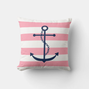 White Blue & Pink Wide Stripes Pattern Anchor Cushion