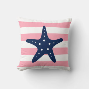 White Blue & Pink Wide Stripes Pattern Starfish Cushion